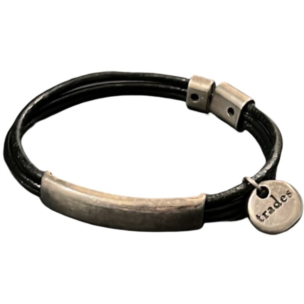 Trades By Haim Shahar Black Double Leather Band Silver Bar Bracelet